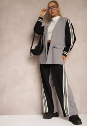 Szary Streetwearowy Komplet z Marynarką i Spodniami Wide Leg w Prążki Naorin. Szare marynarki i żakiety damskie Renee, bez wzorów, eleganckie, bez kołnierzyka, bez ramiączek. Za 239.99 zł.