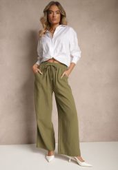 Zielone Szerokie Spodnie Palazzo High Waist z Ozdobnym Wiązaniem Arandiel. Zielone spodnie materiałowe damskie Renee, bez wzorów, z jeansu, street, z podwyższonym stanem. Za 39.99 zł.