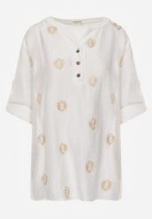 Biała Wiskozowa Koszula Boho z Haftem i Podpinanymi Rękawami 3/4 Cheridenah. Białe koszule damskie Born2be, plus size, bez wzorów, z wiskozy, boho, bez kołnierzyka, bez ramiączek. Za 69.99 zł.