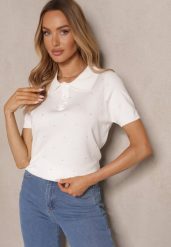 Biały Wiskozowy T-shirt w Stylu Polo ze Sweterkowej Dzianiny Hiliora. Białe t-shirty damskie Renee, z aplikacjami, z dzianiny, biznesowe, bez kołnierzyka, bez ramiączek. Za 74.99 zł.