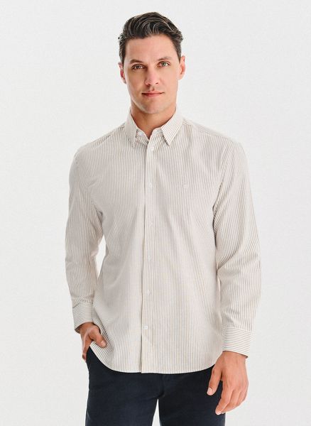 PAKO LORENTE - Beżowa koszula męska w paski. Brązowe koszule męskie Pako Lorente, na jesień, l, bez wzorów, z bawełny, bez kołnierzyka, bez ramiączek. Za 139.99 zł.