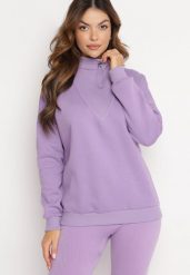 Jasnofioletowa Bawełniana Bluza z Półgolfem i Ściągaczem Themista. Fioletowe bluzy damskie Born2be, bez wzorów, z bawełny, casualowe, bez ramiączek, bez kaptura. Za 89.99 zł.