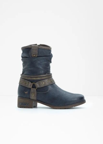 Botki Mustang. Niebieskie botki damskie bonprix, bez wzorów, bez obcasa, bez zapięcia. Za 349.99 zł.
