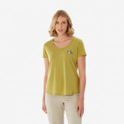 Koszulka turystyczna z krótkim rękawem damska Quechua NH500. Brązowe bluzki damskie QUECHUA, m, bez wzorów, z bawełny, sportowe, bez kołnierzyka, bez ramiączek. Za 49.99 zł.