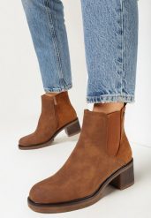 Brązowe Botki na Niskim Słupku Raansela. Brązowe botki damskie Born2be, bez wzorów, eleganckie, bez obcasa, na obcasie, bez zapięcia. Za 129.99 zł.