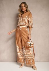 Brązowy Komplet z Wiskozą Koszula i Spodnie Zdobione Ornamentalnym Wzorem Gavris. Brązowe koszule damskie Renee, l, z aplikacjami, z materiału, eleganckie, bez kołnierzyka, bez ramiączek. Za 109.99 zł.