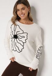 Biały Sweter Ozdobiony Haftowanymi Kwiatami Halatusea. Białe swetry nierozpinane damskie Born2be, z aplikacjami, z jeansu, klasyczne, bez kołnierzyka, bez ramiączek. Za 69.99 zł.