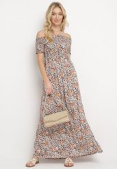 Granatowo-Pomarańczowa Sukienka Hiszpanka Długa z Bawełny w Kwiatowy Print Mrosa. Niebieskie sukienki damskie Born2be, na imprezę, na lato, l, bez wzorów, z bawełny, boho, bez kołnierzyka, bez ramiączek, maxi, kopertowe. Za 49.99 zł.