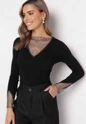Czarny Sweter Udekorowany Siateczką z Cyrkoniami Kertta. Czarne swetry nierozpinane damskie Born2be, na zimę, bez wzorów, bez kołnierzyka, bez ramiączek. Za 139.99 zł.
