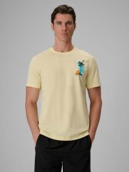 4F T-shirt regular z nadrukiem męski - żółty M. Żółte t-shirty męskie 4F, m, bez wzorów, z bawełny, bez kołnierzyka, bez ramiączek. Za 69.99 zł.