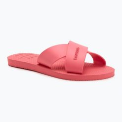 Klapki damskie Havaianas Aqua. Czerwone klapki damskie Havaianas, na lato, bez wzorów, z materiału, wakacyjne, bez obcasa, bez zapięcia. Za 83.99 zł.