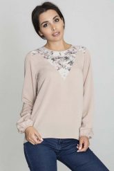 Beżowa Lekka Bluzka z Karczkiem w Kwiatki. Brązowe bluzki damskie Figl, l, bez wzorów, z elastanu, bez kołnierzyka, bez ramiączek. Za 169.00 zł.