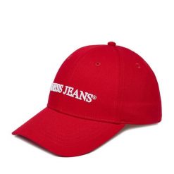 Czapka z daszkiem Guess Jeans. Czerwone czapki damskie Guess Jeans, z aplikacjami, z jeansu. Za 99.99 zł.
