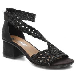 Sandały damskie Rieker, cholewka ze skóry ekologicznej ażurowa z cyrkonami fason elegancki na stabilnym obcasie, czarne, 64657-00. Czarne sandały damskie Rieker, w ażurowe wzory, ze skóry ekologicznej, bez obcasa, bez zapięcia. Za 339.00 zł.