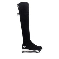 Kozaki Beverly Hills Polo Club. Czarne kozaki damskie Beverly Hills Polo Club, bez wzorów, bez obcasa, na koturnie, bez zapięcia. Za 199.99 zł.