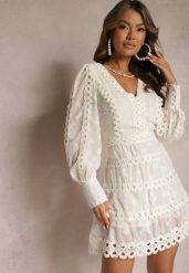 Jasnobeżowa Haftowana Sukienka Mini z Guzikami i Ażurowymi Wstawkami Albastra. Brązowe sukienki damskie Renee, m, w ażurowe wzory, boho, bez kołnierzyka, bez ramiączek, mini. Za 159.99 zł.