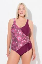 Damski Strój kąpielowy błyszczące kwiaty w kopertowym stylu miękkie miseczki. Fioletowe stroje kąpielowe damskie Ulla Popken, plus size, bez wzorów, z elastanu. Za 233.99 zł.