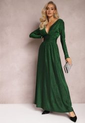 Zielona Rozkloszowana Sukienka Maxi z Błyszczącego Materiału z Drapowaniem w Talii Kizzetta. Zielone sukienki damskie Renee, l, bez wzorów, bez kołnierzyka, bez ramiączek, maxi, rozkloszowane. Za 169.99 zł.