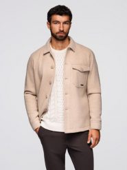 Męska kurtka koszulowa - beżowa V1 - Rozmiar: L. Brązowe kurtki męskie Ombre Clothing, l, bez wzorów, z poliesteru, klasyczne, bez kaptura. Za 339.99 zł.