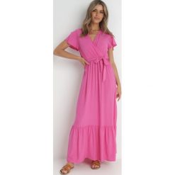 Fuksjowa Sukienka Diomeira. Czerwone sukienki damskie Born2be, l, bez wzorów, z tkaniny, eleganckie, bez kołnierzyka, bez ramiączek, maxi, kopertowe. Za 74.99 zł.