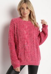 Różowy Sweter z Wełną z Ozdobnym Splotem Abrenevia. Czerwone swetry nierozpinane damskie Born2be, na zimę, bez wzorów, z wełny, bez kołnierzyka, bez ramiączek. Za 74.99 zł.