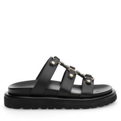 Klapki Badura. Czarne klapki damskie Badura, bez wzorów, bez obcasa, bez zapięcia. Za 249.99 zł.