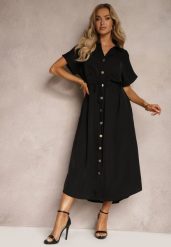 Czarna Sukienka Koszulowa z Materiałowym Paskiem Zapinana na Guziki Quintia. Czarne sukienki damskie Renee, na co dzień, m, bez wzorów, z materiału, eleganckie, bez kołnierzyka, bez ramiączek, midi, kopertowe. Za 89.99 zł.