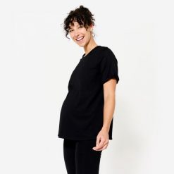 Koszulka do jogi damska Kimjaly ciążowa. Czarne bluzki damskie DOMYOS, xl, bez wzorów, z elastanu, sportowe, bez kołnierzyka, moda ciążowa, bez ramiączek. Za 49.99 zł.