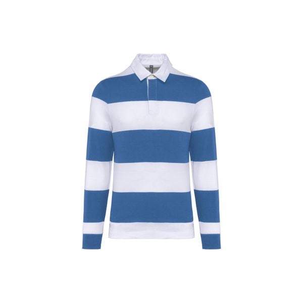 Koszulka polo w paski, długi rękaw Kariban. Niebieskie bluzki damskie KARIBAN, bez wzorów, bez kołnierzyka, bez ramiączek. Za 199.50 zł.