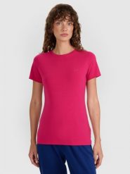 4F T-shirt slim gładki damski - różowy M. Czerwone t-shirty damskie 4F, m, bez wzorów, z bawełny, bez kołnierzyka, bez ramiączek. Za 39.99 zł.