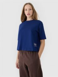 4F T-shirt oversize z nadrukiem damski - granatowy M. Niebieskie t-shirty damskie 4F, m, bez wzorów, z bawełny, klasyczne, bez kołnierzyka, bez ramiączek. W wyprzedaży za 39.99 zł.