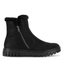 Botki Rieker. Czarne botki damskie Rieker, bez wzorów, bez obcasa, na płaskiej podeszwie, bez zapięcia. Za 258.99 zł.