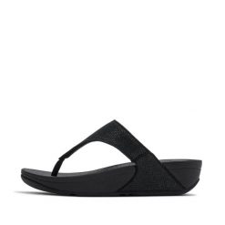 Klapki między palcami damskie FitFlop Lulu Shimmerglitz. Czarne klapki damskie FIT FLOP, na lato, bez wzorów, sportowe, bez obcasa, bez zapięcia. Za 443.50 zł.