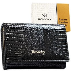 Średni, czarny portfel damski ze skóry naturalnej zamykany zatrzaskiem RH-30-1-RS Rovicky. Czarne portfele damskie ROVICKY, z lakierowanej skóry. Za 99.00 zł.