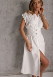 Biała Sukienka na Guziki z Gorsetowym Panelem z Klamrami w Talii Frose. Białe sukienki damskie Renee, na imprezę, l, bez wzorów, bez kołnierzyka, bez ramiączek, midi, gorsetowe. Za 129.99 zł.