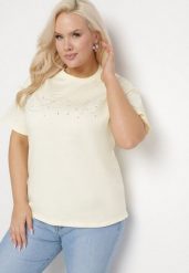Żółty Bawełniany T-shirt z Ozdobnym Napisem i Cyrkoniami Olisandra. Żółte t-shirty damskie Born2be, plus size, z aplikacjami, z bawełny, klasyczne, bez kołnierzyka, bez ramiączek. Za 44.99 zł.