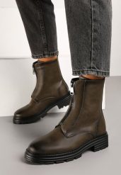 Brązowo-Zielone Botki na Suwak Jeustene. Brązowe botki damskie Born2be, bez wzorów, klasyczne, bez obcasa, na płaskiej podeszwie, bez zapięcia. Za 139.99 zł.
