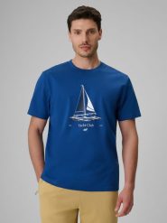 4F T-shirt relaxed z nadrukiem męski - niebieski M. Niebieskie t-shirty męskie 4F, m, bez wzorów, z bawełny, bez kołnierzyka, bez ramiączek. Za 69.99 zł.