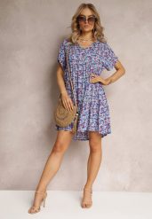 Niebieska Rozkloszowana Sukienka z Falbanką Passona. Niebieskie sukienki damskie Renee, l, bez wzorów, z tkaniny, bez kołnierzyka, bez ramiączek, mini, rozkloszowane. Za 59.99 zł.