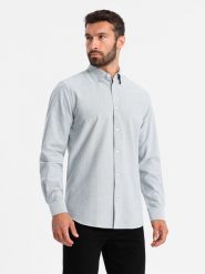 Elegancka koszula męska oxford z haftem – jasnoszara V2 OM-SHOS-0172 - XXL. Szare koszule męskie Ombre Clothing, l, z aplikacjami, z bawełny, biznesowe, bez kołnierzyka, bez ramiączek. W wyprzedaży za 109.99 zł.