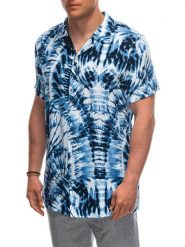Wiskozowa wzorzysta męska koszula z krótkim rękawem OM-SHPS-0113 - biała/granatowa V12 - XL. Białe koszule męskie Ombre Clothing, l, bez wzorów, z materiału, klasyczne, bez kołnierzyka, bez ramiączek. W wyprzedaży za 69.99 zł.