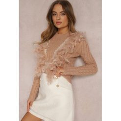 Beżowy Sweter z Piórami Deti. Brązowe swetry nierozpinane damskie Renee, uniwersalny, z aplikacjami, z jeansu, casualowe, bez kołnierzyka, bez ramiączek. Za 169.99 zł.