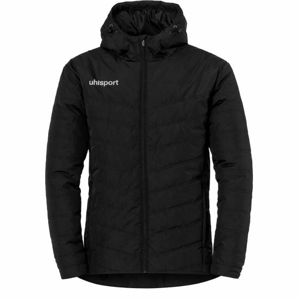 Kurtka puchowa Uhlsport Essential. Czarne kurtki męskie Uhlsport, s, bez wzorów, z materiału, z kapturem. Za 421.00 zł.