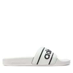 Klapki adidas. Białe klapki damskie Adidas, bez wzorów, sportowe, bez obcasa, bez zapięcia. Za 149.99 zł.