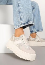 Beżowe Sneakersy Typu Tenisówki na Żłobionej Platformie Ozdobione Wężowym Motywem Lorreia. Brązowe trampki i tenisówki damskie Renee, bez wzorów, z jeansu, bez zapięcia. Za 89.99 zł.