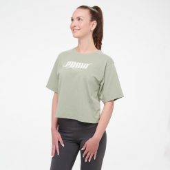 Koszulka damska Puma Gym & Pilates crop. Zielone bluzki damskie Puma, m, bez wzorów, z bawełny, sportowe, bez kołnierzyka, bez ramiączek. Za 99.99 zł.