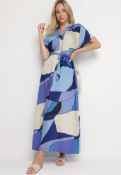 Niebieska Sukienka Rozkloszowana z Wiskozy w Geometryczny Wzór z Paskiem Ranislla. Niebieskie sukienki damskie Born2be, na co dzień, l, bez wzorów, z wiskozy, eleganckie, bez kołnierzyka, bez ramiączek, maxi, rozkloszowane. Za 79.99 zł.