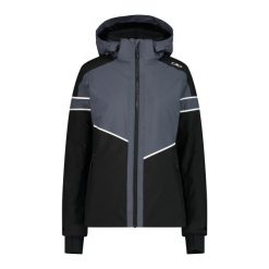 Kurtka narciarska damska z tkaniny skórzanej CMP. Czarne kurtki sportowe damskie CMP, na zimę, bez wzorów, z tkaniny, bez ramiączek, bez kaptura, narciarskie. Za 806.60 zł.