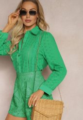 Zielona Koszula z Haftowanej Tkaniny w Stylu Boho Perphone. Zielone koszule damskie Renee, l, bez wzorów, z bawełny, boho, bez kołnierzyka, bez ramiączek. Za 59.99 zł.