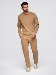 Komplet dresowy męski set bluza z okrągłym dekoltem + spodnie regular fit - camel V2 - Rozmiar: XXL. Brązowe bluzy męskie Ombre Clothing, m, z aplikacjami, z bawełny, biznesowe, bez ramiączek, bez kaptura. Za 299.99 zł.